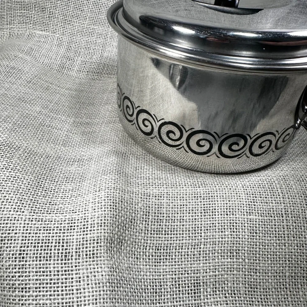 Vintage EKCO 2 Qt Stainless Steel‎ Saucepan Black Scroll MCM Retro w 2 Lids